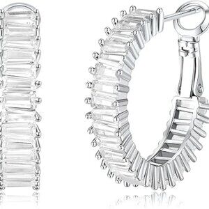 Stunning Cubic‎ Zirconia Silver Hoop Earrings Lightweight Hypoallergenic